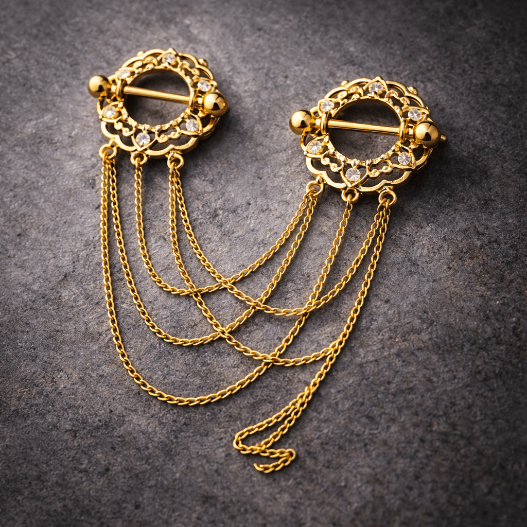 Gold Plated Triple Chain Floral Nipple Shields Nipple Barbell Skin Metals