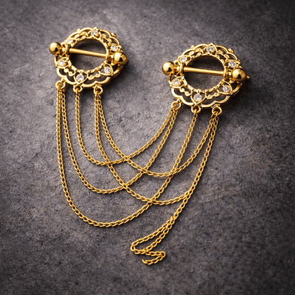 Gold Plated Triple Chain Floral Nipple Shields Nipple Barbell Skin Metals