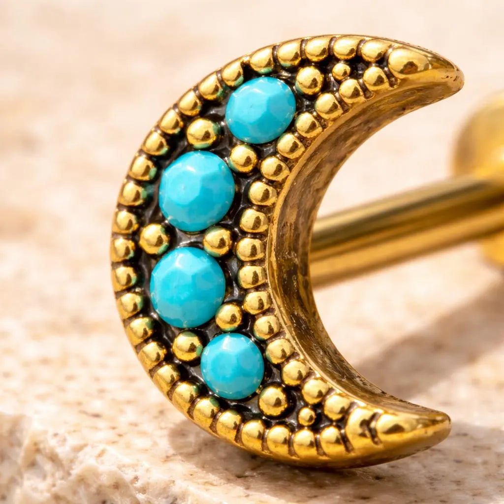 Gold Plated Turquoise Crescent Moon Labret Labret Impulse Piercings