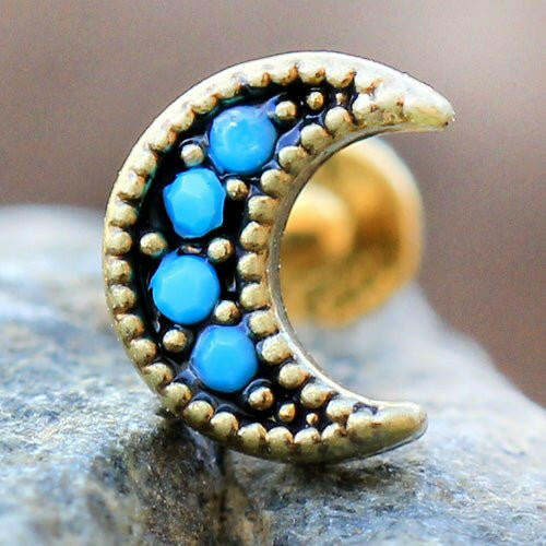 Gold Plated Turquoise Crescent Moon Labret Labret Impulse Piercings