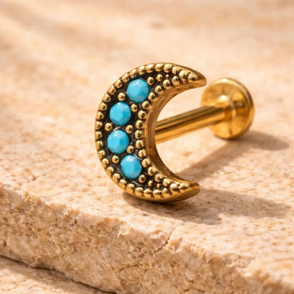 Gold Plated Turquoise Crescent Moon Labret Labret Impulse Piercings