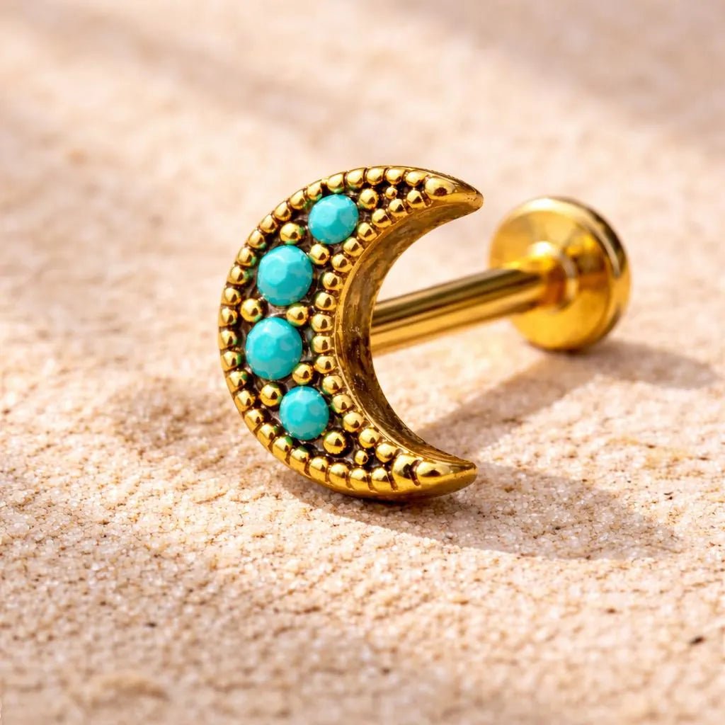 Gold Plated Turquoise Crescent Moon Labret Labret Impulse Piercings
