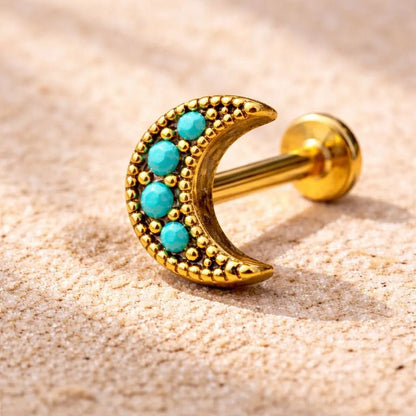 Gold Plated Turquoise Crescent Moon Labret Labret Impulse Piercings