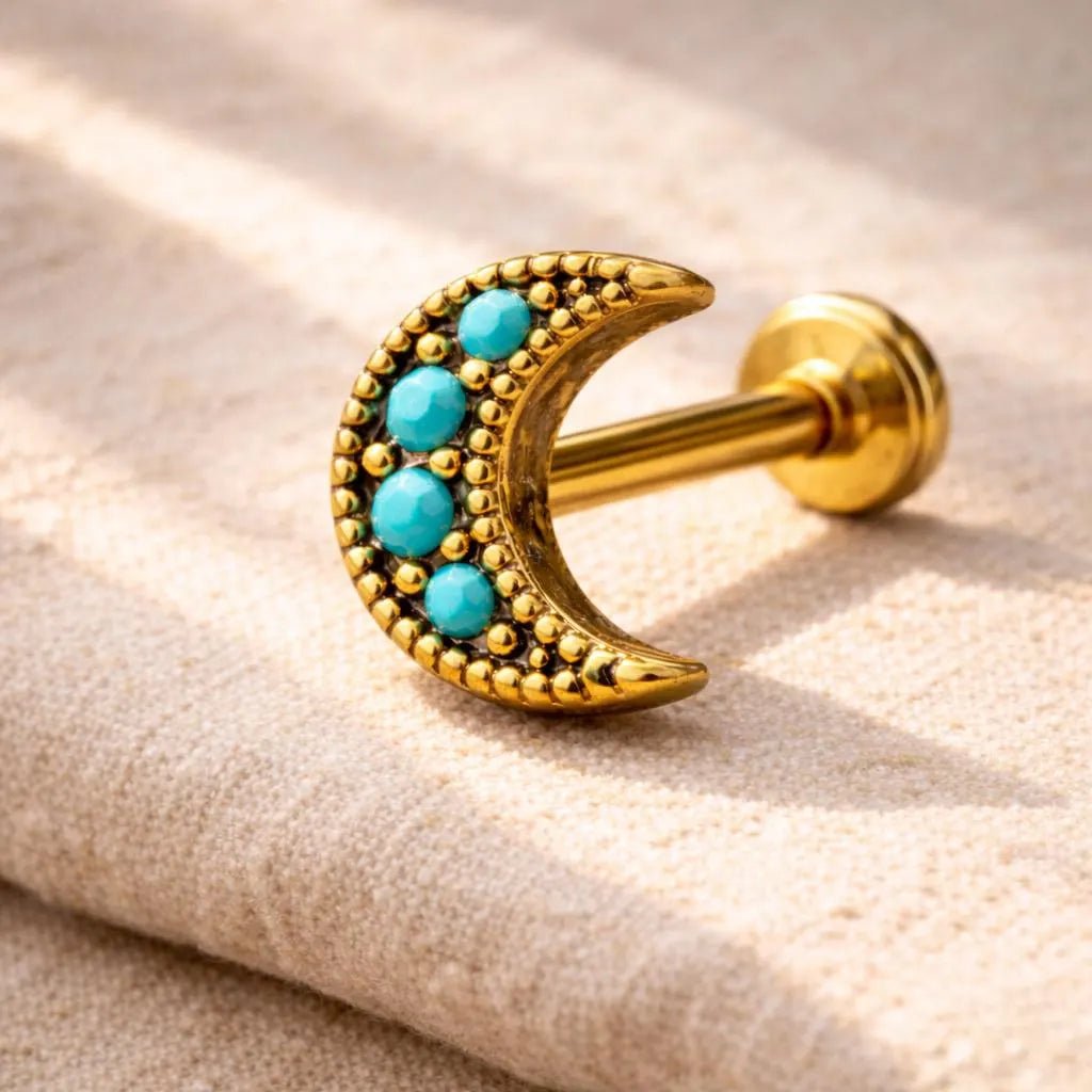 Gold Plated Turquoise Crescent Moon Labret Labret Impulse Piercings