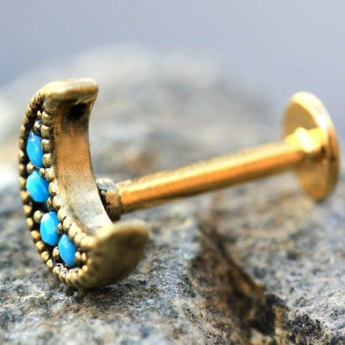 Gold Plated Turquoise Crescent Moon Labret Labret Impulse Piercings