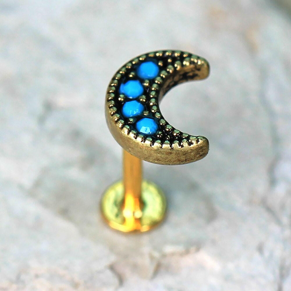 Gold Plated Turquoise Crescent Moon Labret Labret Impulse Piercings