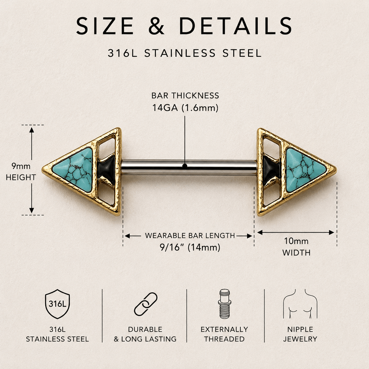 nipple bars ring with turquoise stone and gold frame, featuring size and detail measurements on a beige background.