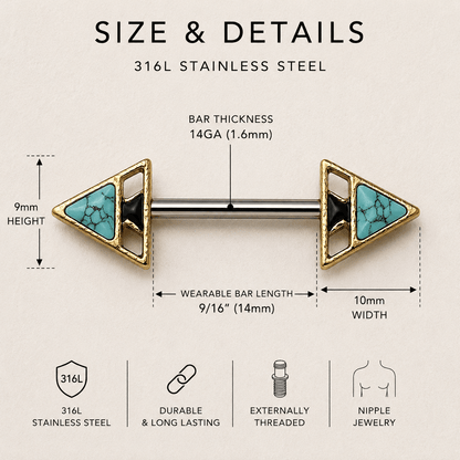 nipple bars ring with turquoise stone and gold frame, featuring size and detail measurements on a beige background.