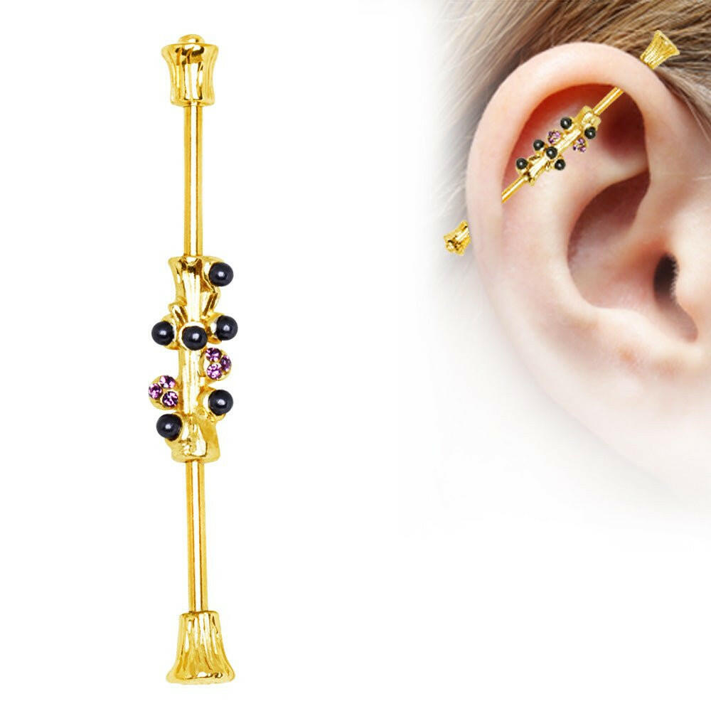 Gold Plated Whimsical Tree Industrial Barbell Industrial Barbell Impulse Piercings