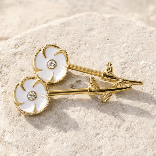 Gold plated white flower nipple bar 14G pair, white enamel CZ center yellow gold stainless steel body jewelry