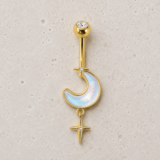 Gold Plated White Iridescent Moon & Stars Dangle Navel Ring - Skin Metals