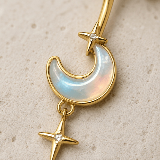 Gold Plated White Iridescent Moon & Stars Dangle Navel Ring - Skin Metals