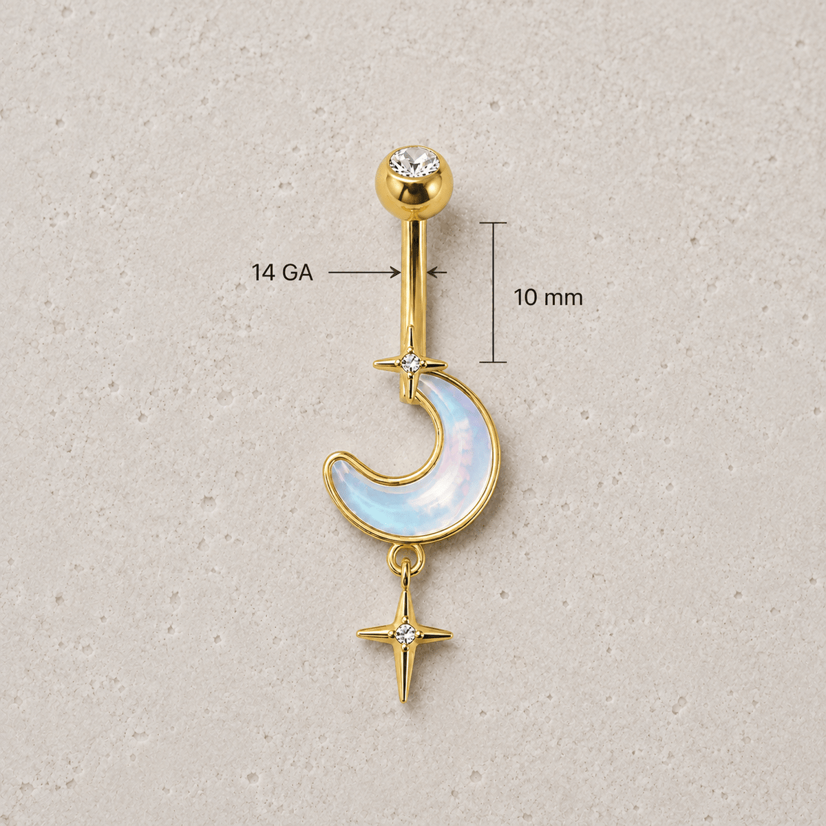 Gold Plated White Iridescent Moon & Stars Dangle Navel Ring - Skin Metals