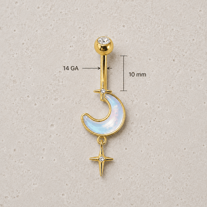 Gold Plated White Iridescent Moon & Stars Dangle Navel Ring - Skin Metals
