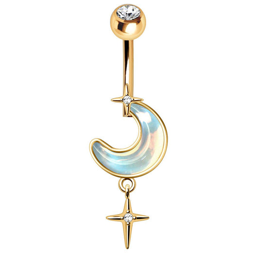 Gold Plated White Iridescent Moon & Stars Dangle Navel Ring Navel Ring Skin Metals