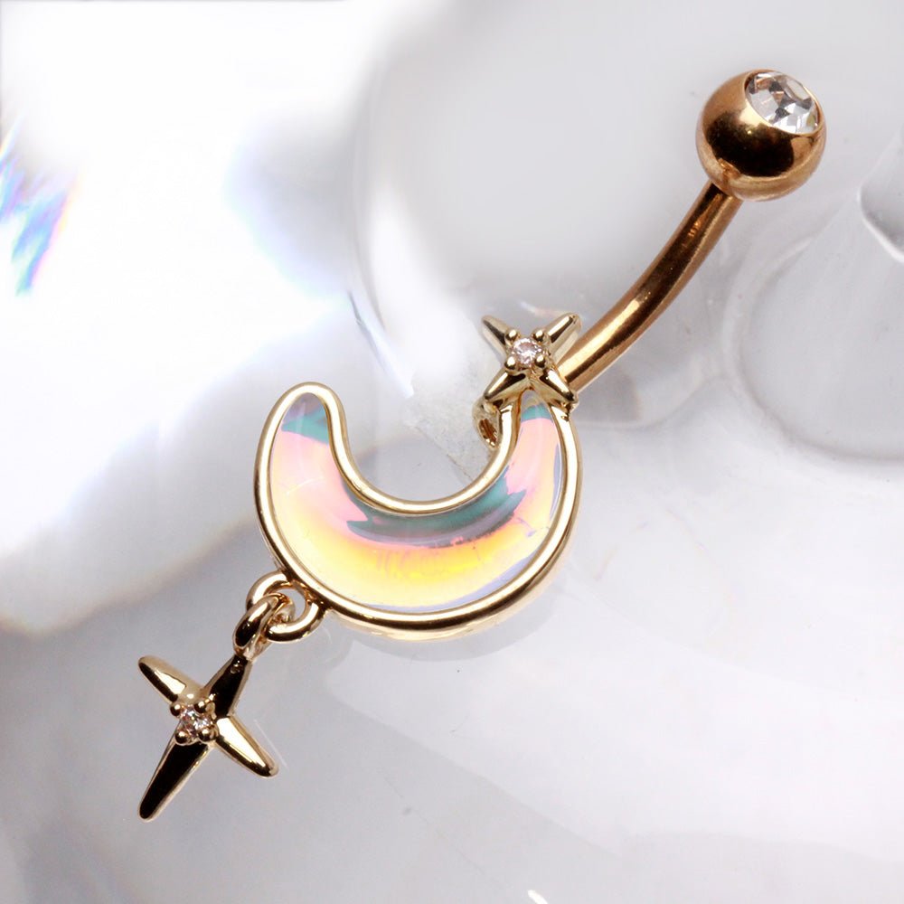 Gold Plated White Iridescent Moon & Stars Dangle Navel Ring Navel Ring Skin Metals