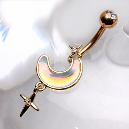 Gold Plated White Iridescent Moon & Stars Dangle Navel Ring Navel Ring Skin Metals