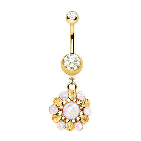 Gold Plated White Synthetic Opal Lavish Blossom Dangle Navel Ring Navel Ring Impulse Piercings