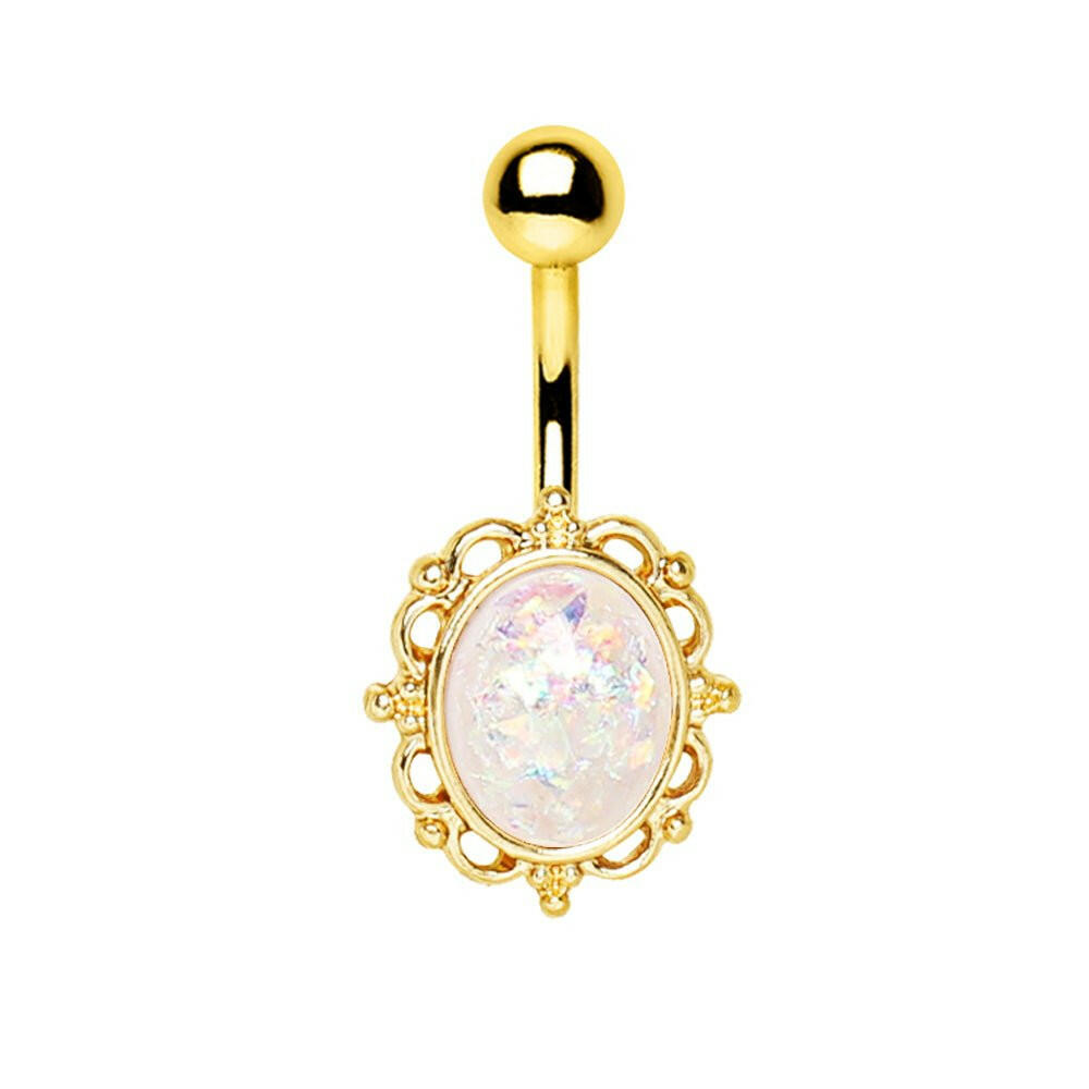 Gold Plated White Synthetic Opal Ornate Charm Navel Ring Navel Ring Impulse Piercings