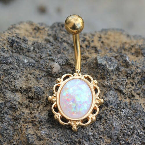 Gold Plated White Synthetic Opal Ornate Charm Navel Ring Navel Ring Impulse Piercings