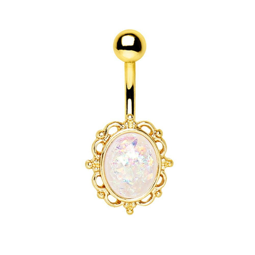 Gold Plated White Synthetic Opal Navel Ring front view