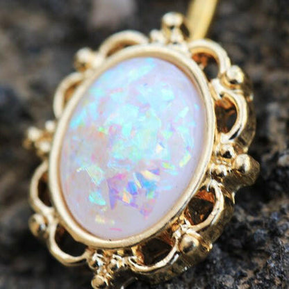 Gold Plated White Synthetic Opal Ornate Charm Navel Ring Navel Ring Impulse Piercings