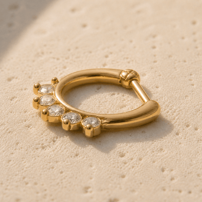 Gold Princess Septum Clicker Ring CZ Tiara 10mm Hinged Nose Ring 316L Surgical Steel - Skin Metals