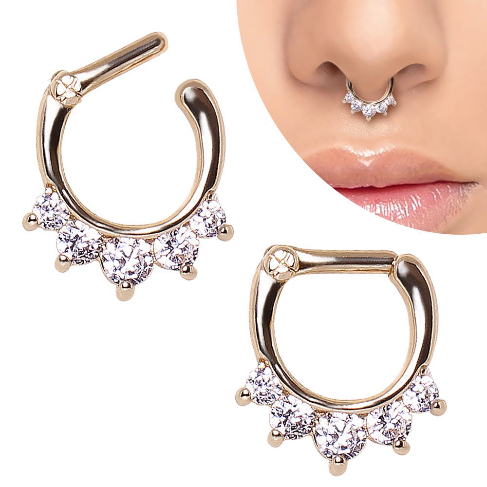 Gold Princess Septum Clicker Ring CZ Tiara 10mm Hinged Nose Ring 316L Surgical Steel - Skin Metals