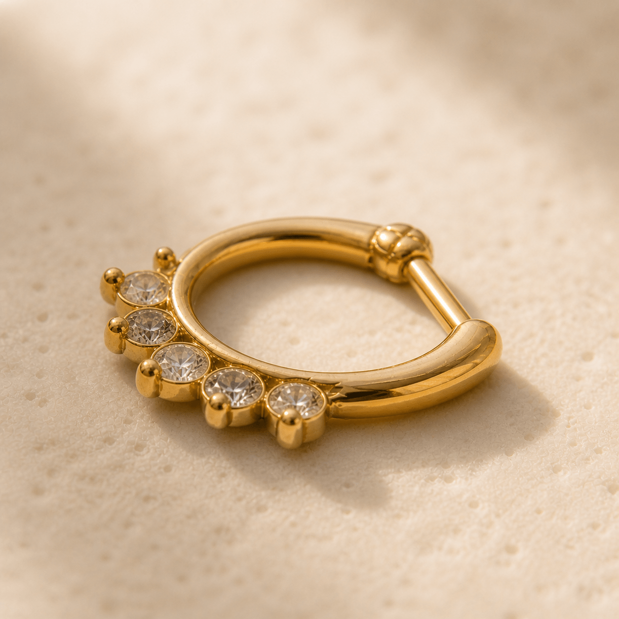Gold Princess Septum Clicker Ring CZ Tiara 10mm Hinged Nose Ring 316L Surgical Steel - Skin Metals