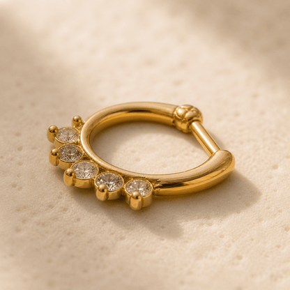 Gold Princess Septum Clicker Ring CZ Tiara 10mm Hinged Nose Ring 316L Surgical Steel - Skin Metals