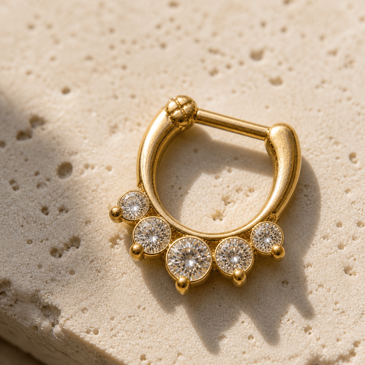 Gold Princess Septum Clicker Ring CZ Tiara 10mm Hinged Nose Ring 316L Surgical Steel - Skin Metals