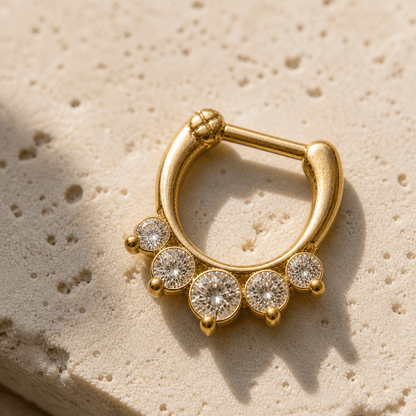 Gold Princess Septum Clicker Ring CZ Tiara 10mm Hinged Nose Ring 316L Surgical Steel - Skin Metals