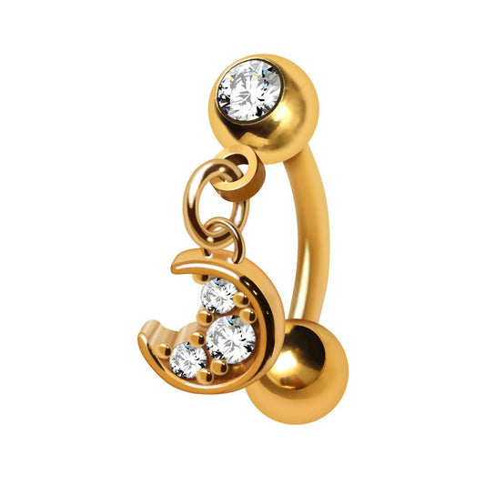 Gold PVD Coated Crescent Moon Dangle Top Down Navel Ring Navel Ring Skin Metals