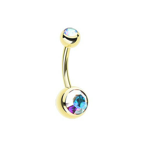 Gold PVD Double Gem Ball Steel Belly Button Ring Navel Ring Impulse Piercings Aurora Borealis