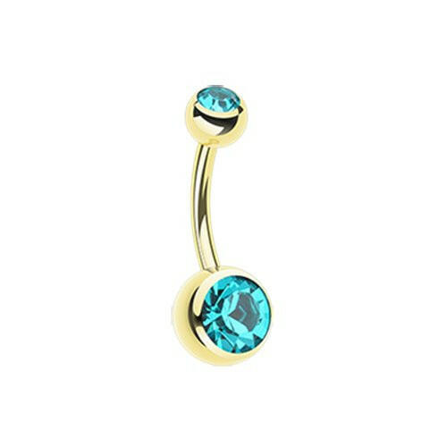 Gold PVD Double Gem Ball Steel Belly Button Ring Navel Ring Impulse Piercings Teal