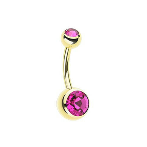 Gold PVD Double Gem Ball Steel Belly Button Ring Navel Ring Impulse Piercings Fuchsia