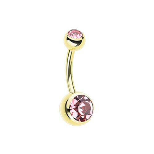 Gold PVD Double Gem Ball Steel Belly Button Ring Navel Ring Impulse Piercings Light Pink