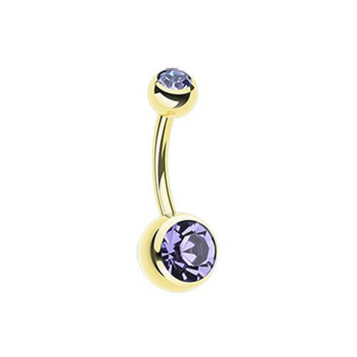 Gold PVD Double Gem Ball Steel Belly Button Ring Navel Ring Impulse Piercings Tanzanite