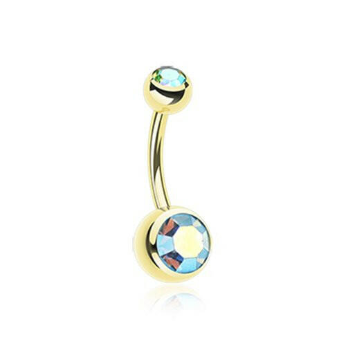 Gold PVD Double Gem Ball Steel Belly Button Ring Navel Ring Impulse Piercings Aqua/Aurora Borealis