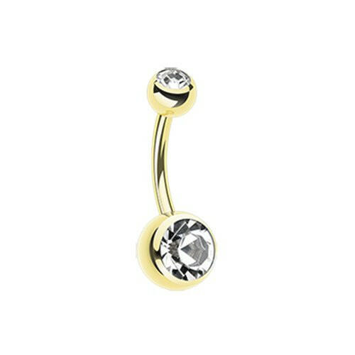 Gold PVD Double Gem Ball Steel Belly Button Ring Navel Ring Impulse Piercings Clear