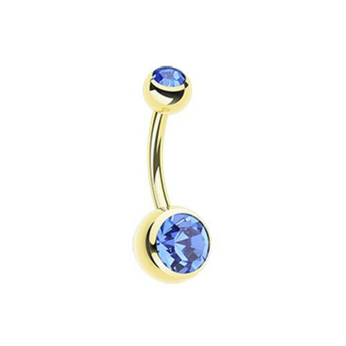 Gold PVD Double Gem Ball Steel Belly Button Ring Navel Ring Impulse Piercings Blue