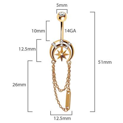 Gold Star Moon Belly Button Ring 14G Chain Dangle Navel Ring CZ Celestial Jewelry - Skin Metals