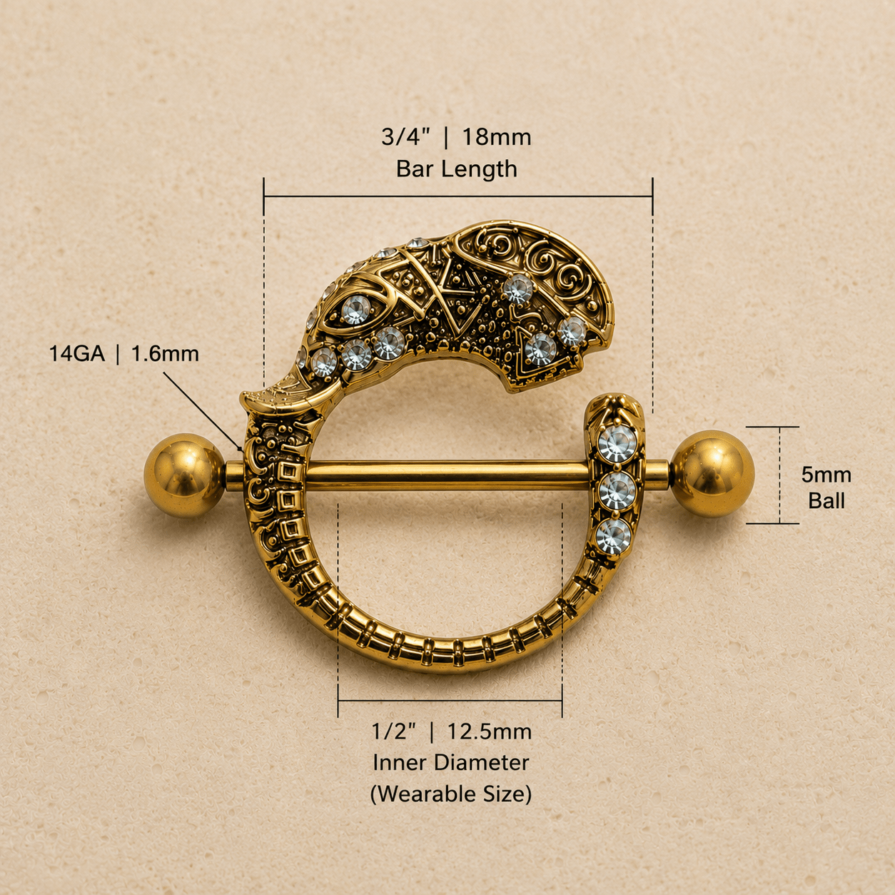 Gold Tribal Elephant Nipple Shield 14G Aqua CZ Pair