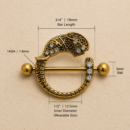 Gold Tribal Elephant Nipple Shield 14G Aqua CZ Pair