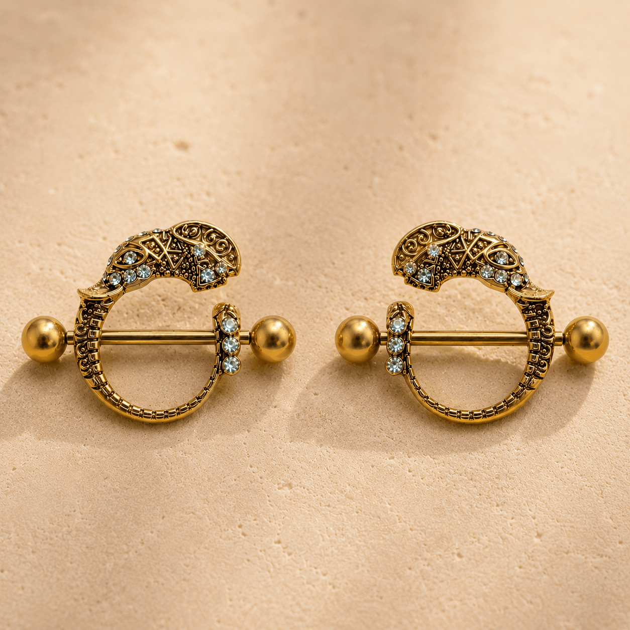 Gold Tribal Elephant Nipple Shield 14G Aqua CZ Pair
