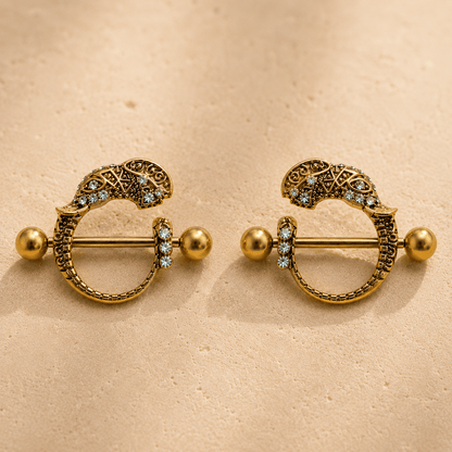 Gold Tribal Elephant Nipple Shield 14G Aqua CZ Pair
