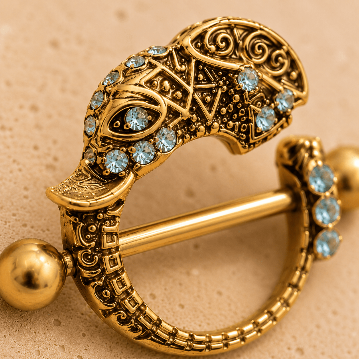 Gold Tribal Elephant Nipple Shield 14G Aqua CZ Pair