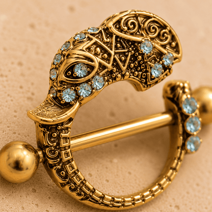 Gold Tribal Elephant Nipple Shield 14G Aqua CZ Pair