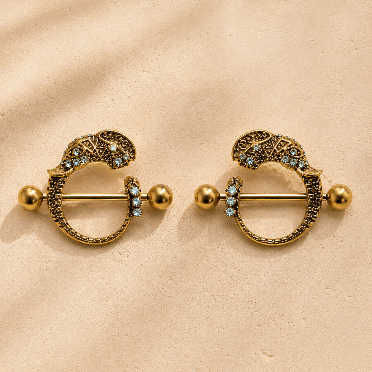 Gold Tribal Elephant Nipple Shield 14G Aqua CZ Pair