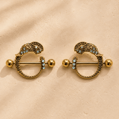 Gold Tribal Elephant Nipple Shield 14G Aqua CZ Pair